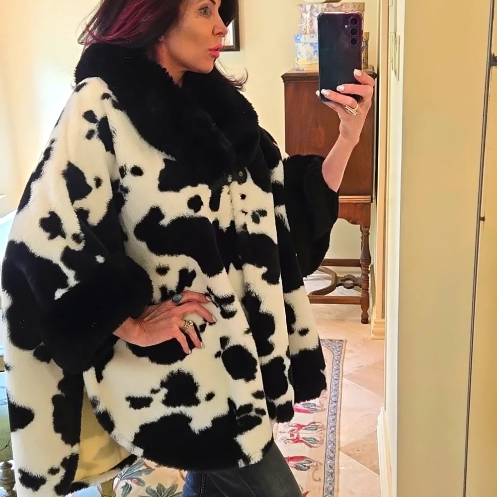 Black And White Faux Fur Cape/Coat With Bat Wing Sleeves